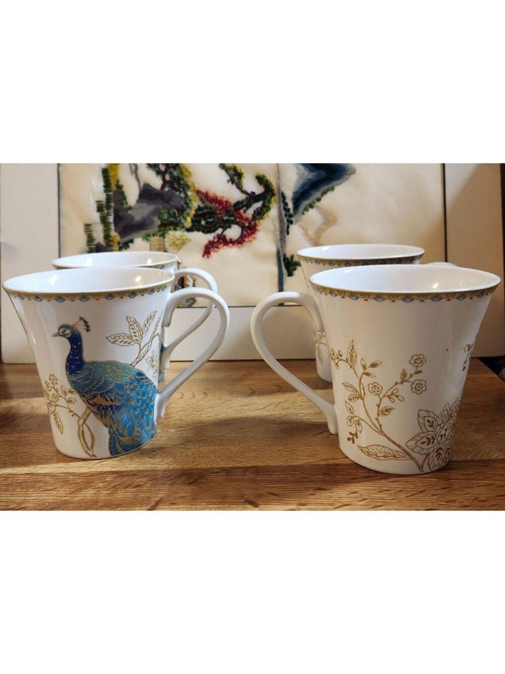 222 Fifth Peacock Garden Coffee Mugs Set of 4 Teal Blue